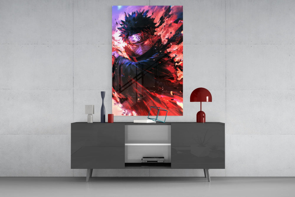 Obito Sharingan glass wall art catching light to reveal its painted chakra