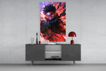 Obito Sharingan glass wall art catching light to reveal its painted chakra