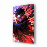 Obito Sharingan Rage anime glass wall art in a modern teen's bedroom