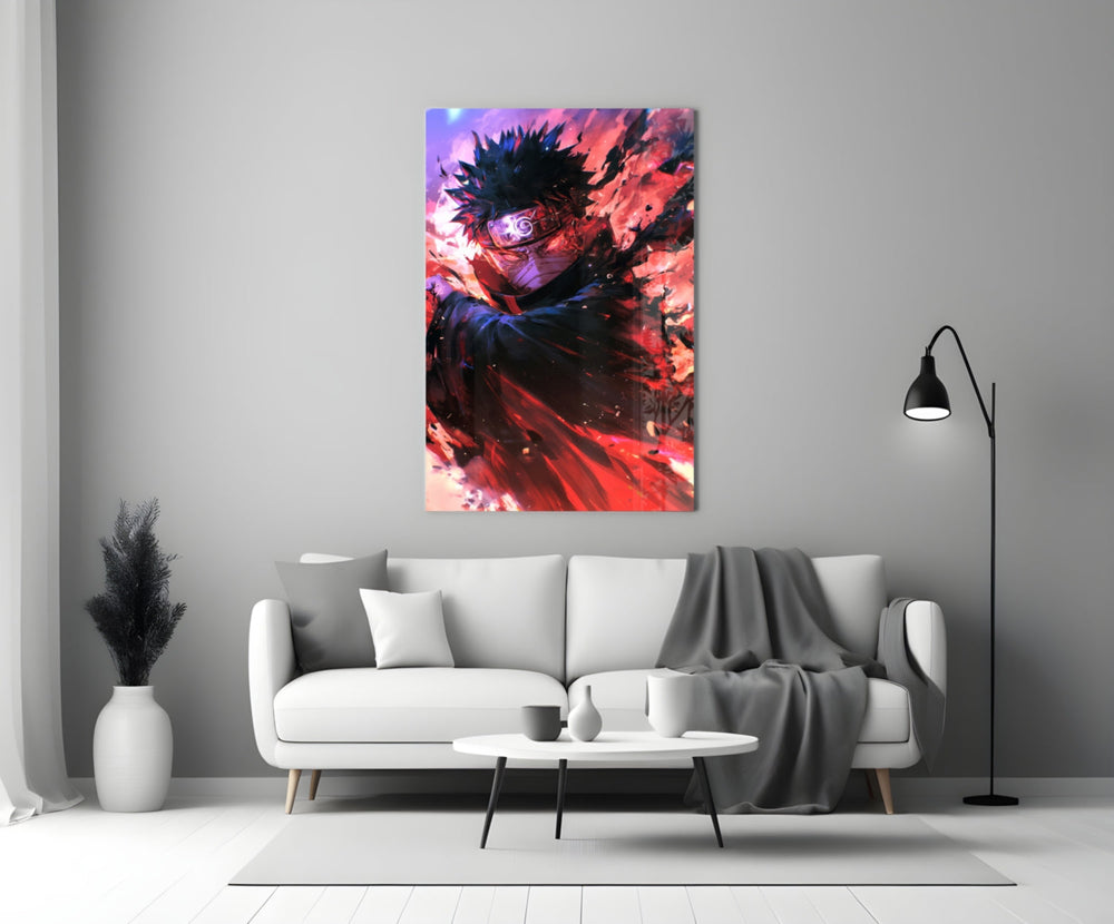 Close-up detail of Obito's Sharingan eye and crimson chakra behind glass