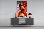 Goku Dragon Power glass wall art catching light to reveal its painted lightning
