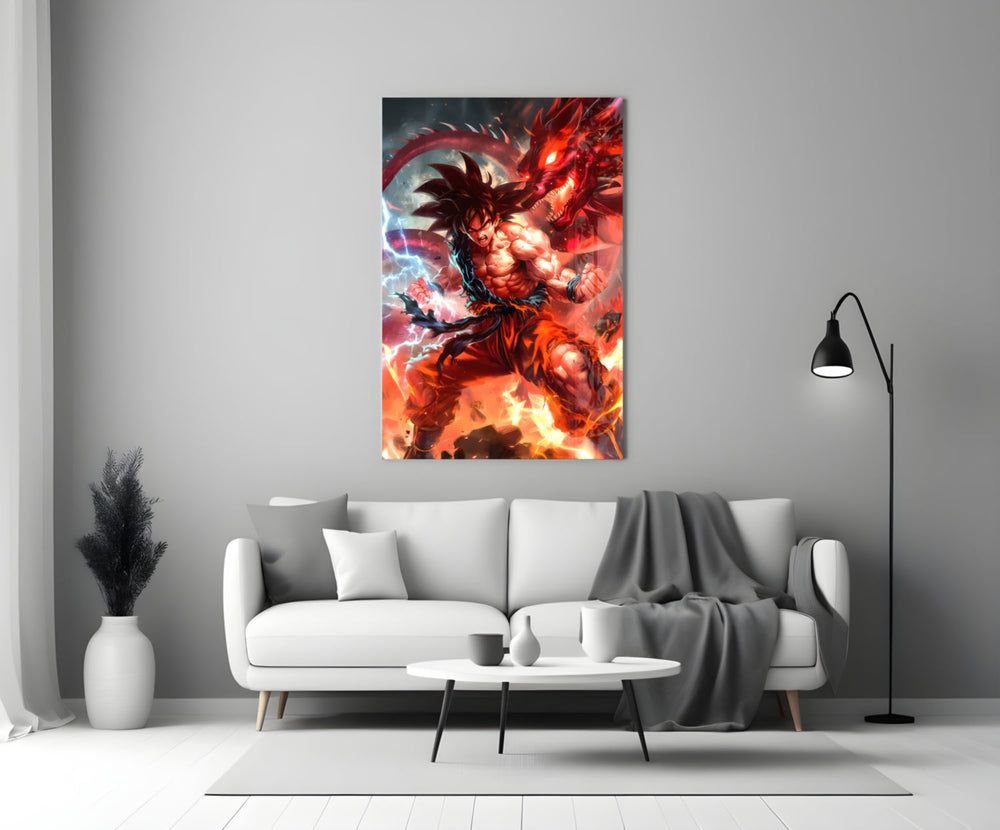 Close-up detail of Goku and the crimson dragon behind glass