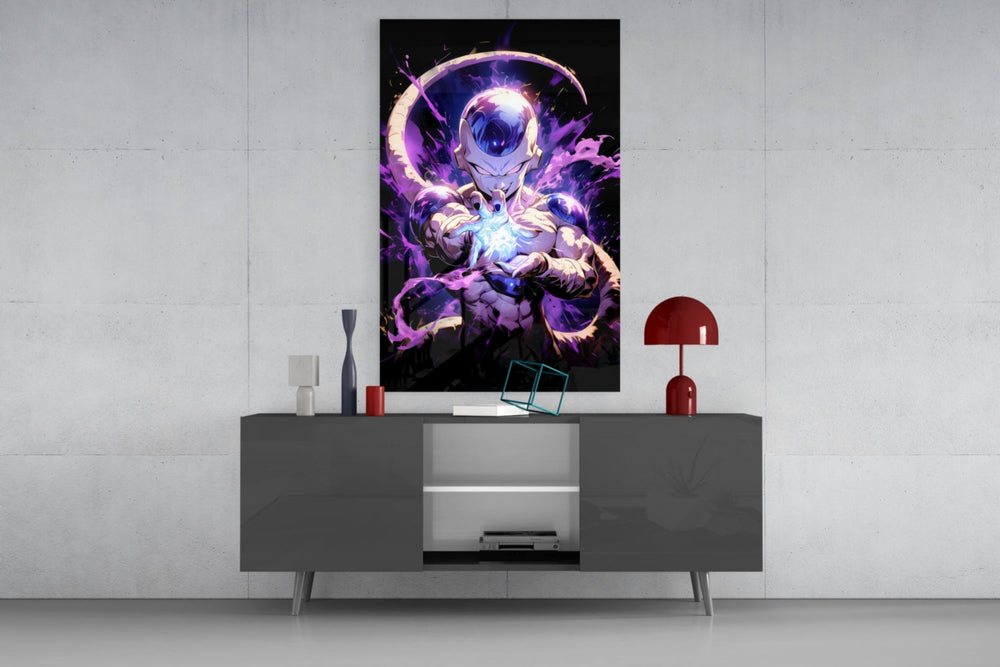 Frieza Purple Power glass wall art catching light to reveal its painted chakra