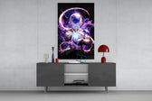 Frieza Purple Power glass wall art catching light to reveal its painted chakra