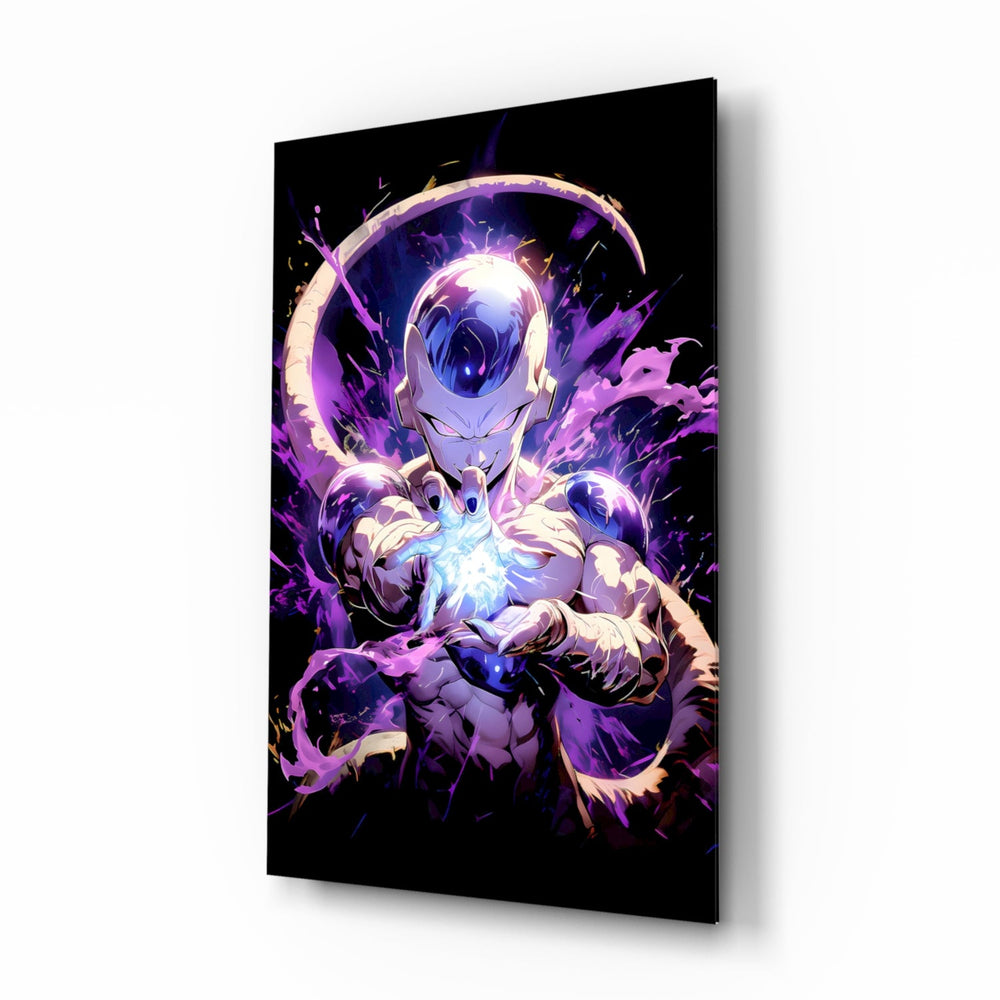 Frieza Purple Power anime glass wall art in a modern teen's bedroom