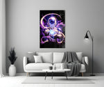 Close-up detail of Frieza with violet chakra ball behind glass