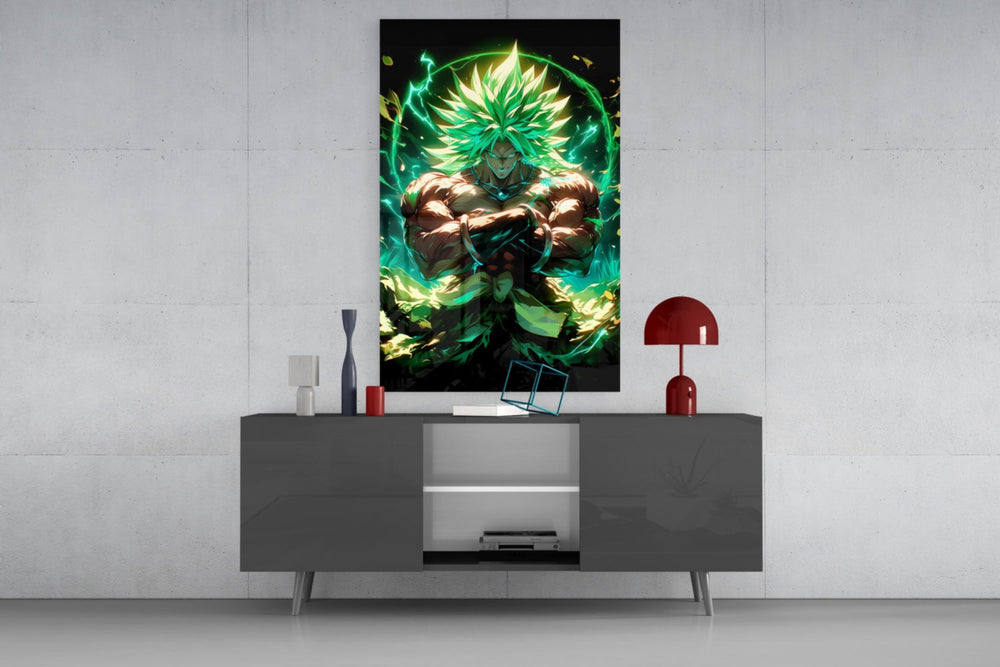 Legendary Broly glass wall art catching light to reveal its painted chakra