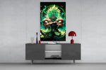 Legendary Broly glass wall art catching light to reveal its painted chakra