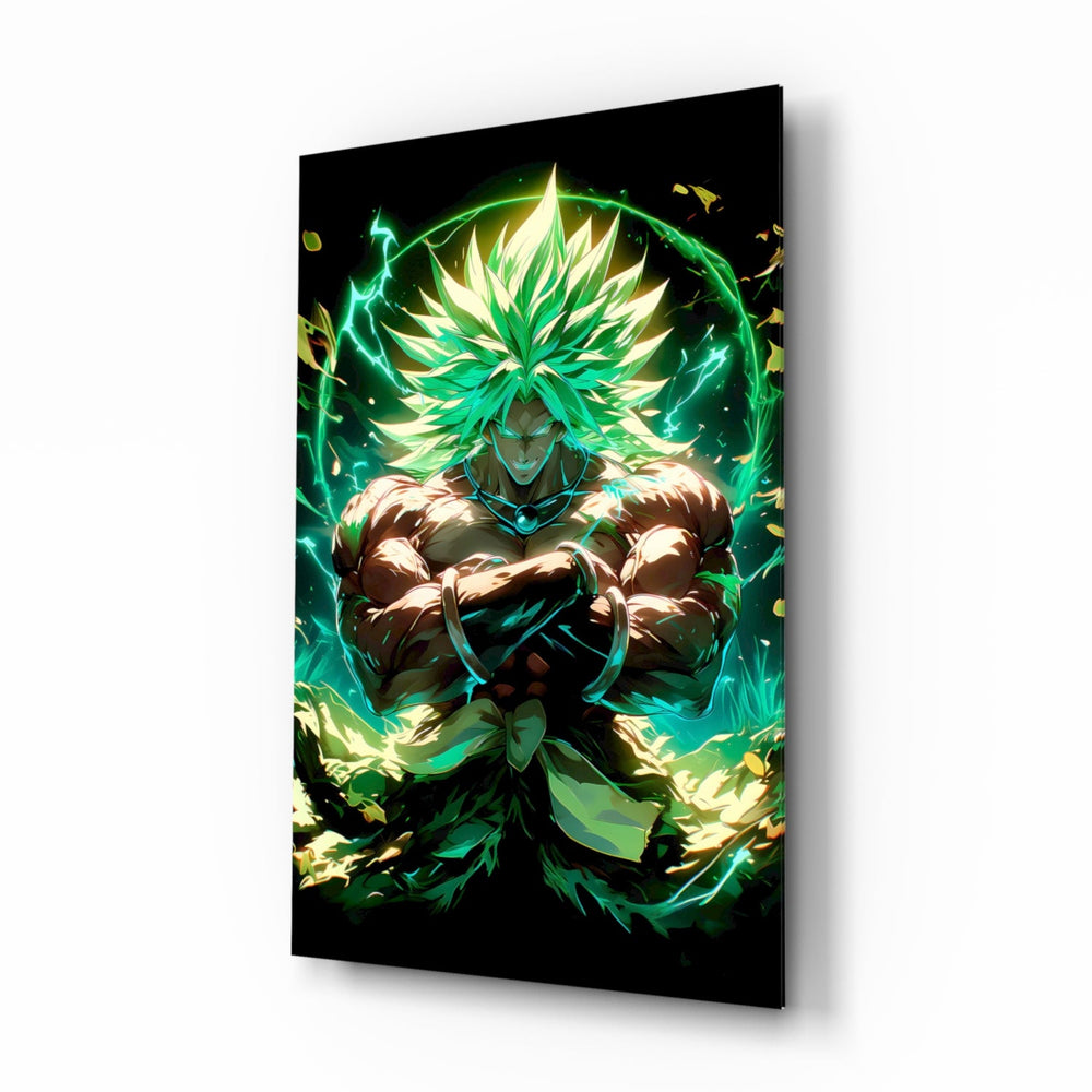 Legendary Broly anime glass wall art in a modern teen's bedroom