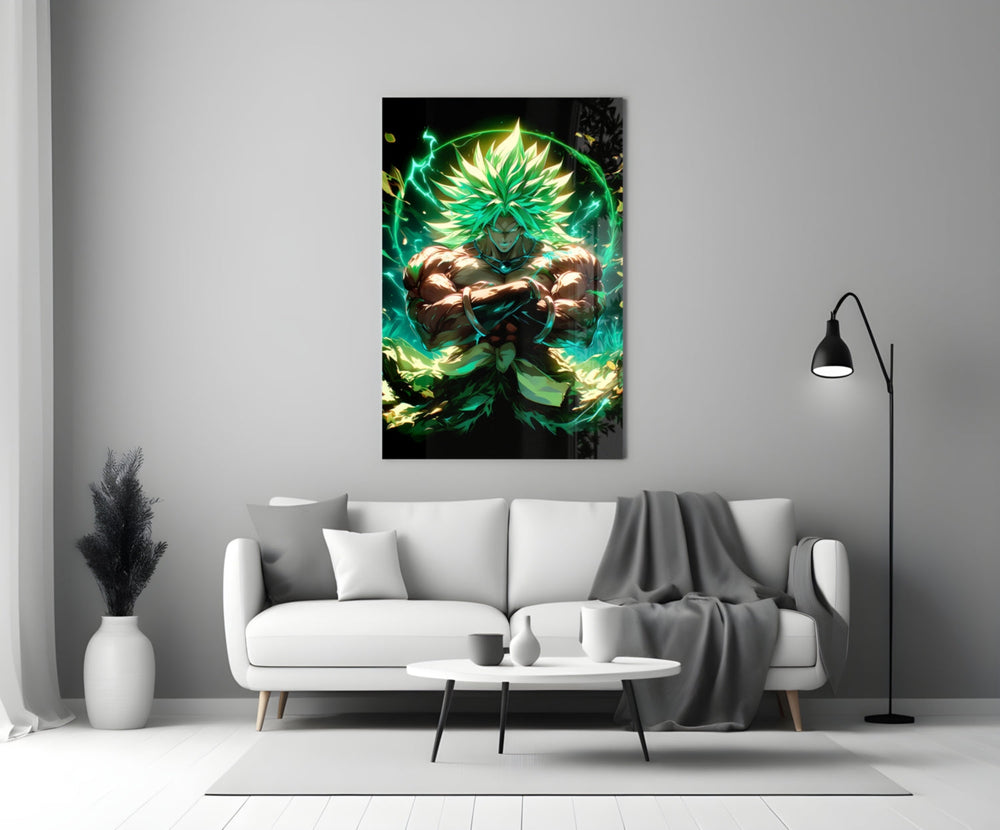 Close-up detail of Broly in chartreuse chakra behind glass