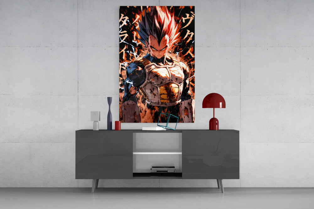 Vegeta Saiyan Prince glass wall art catching light to reveal its painted armor