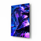 Itachi Shadow of Ravens anime glass wall art in a modern teen's bedroom