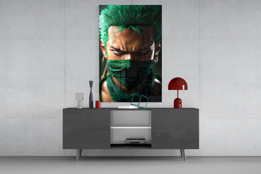 Swordsman Zoro glass wall art catching light to reveal its photoreal detail