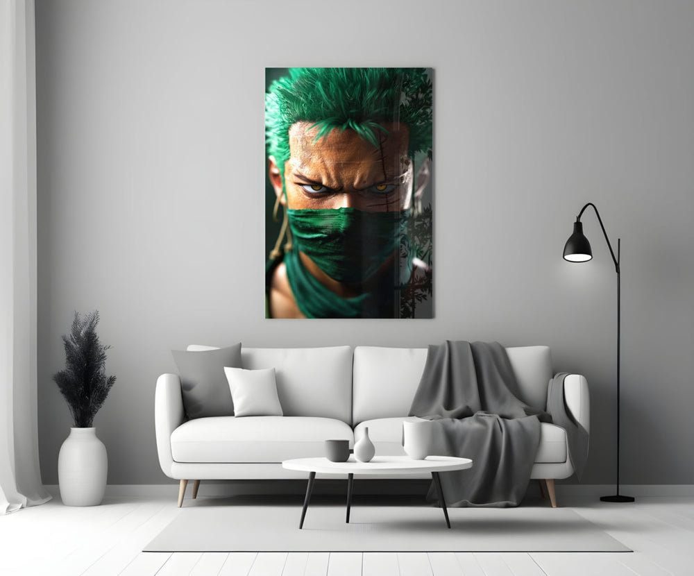 Close-up detail of Zoro with green bandana and gold earrings behind glass