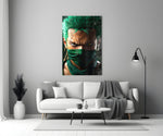 Close-up detail of Zoro with green bandana and gold earrings behind glass