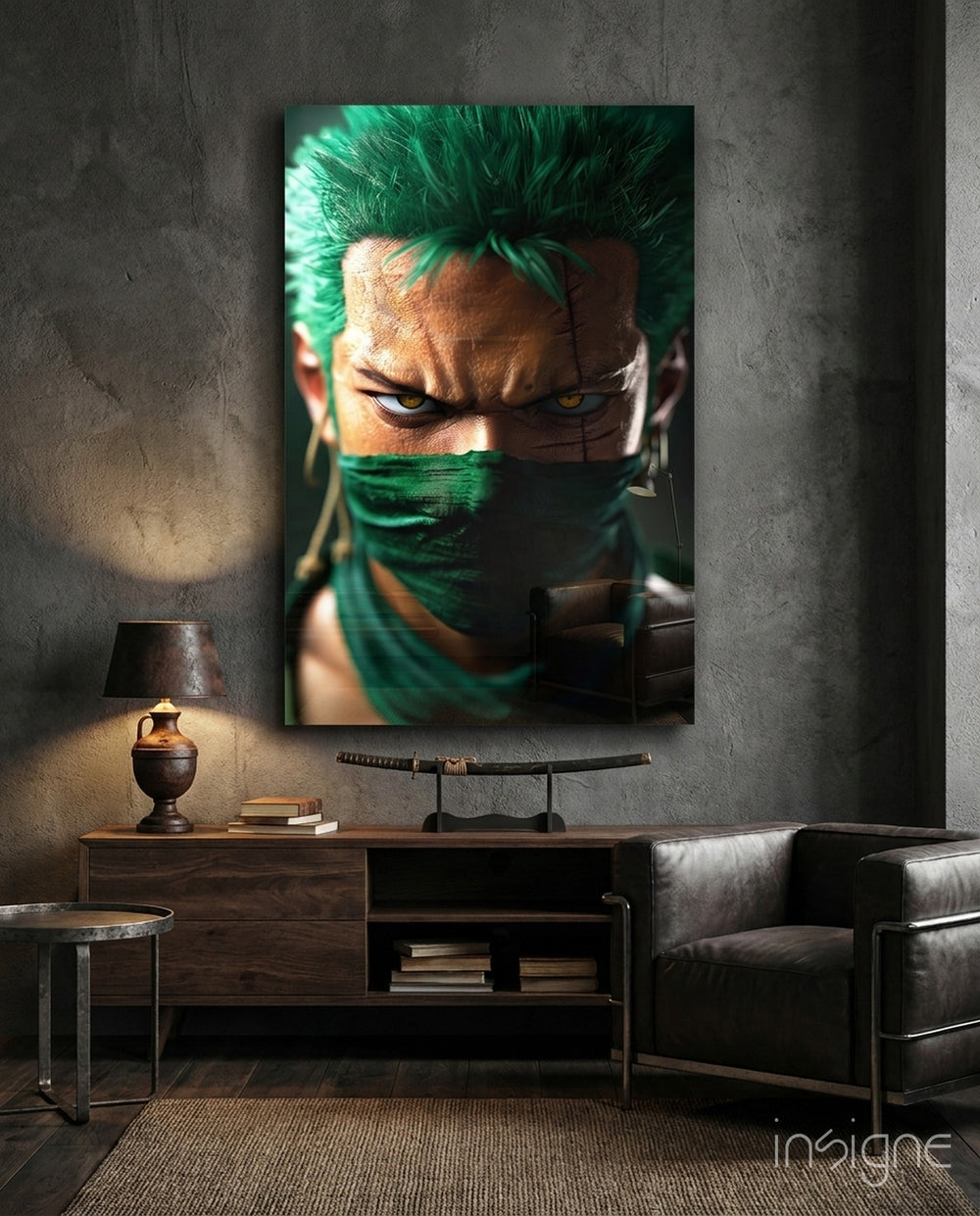 Swordsman Zoro Glass Wall Art || Designer Collection - Lifestyle preview in a designer interior