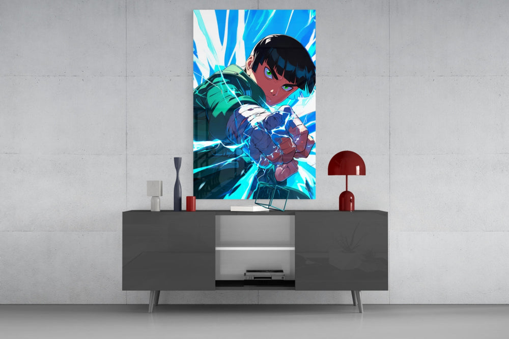 Rock Lee glass wall art catching light to reveal its painted chakra