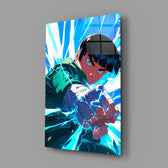 Designer-collection anime panel anchoring a gaming room wall