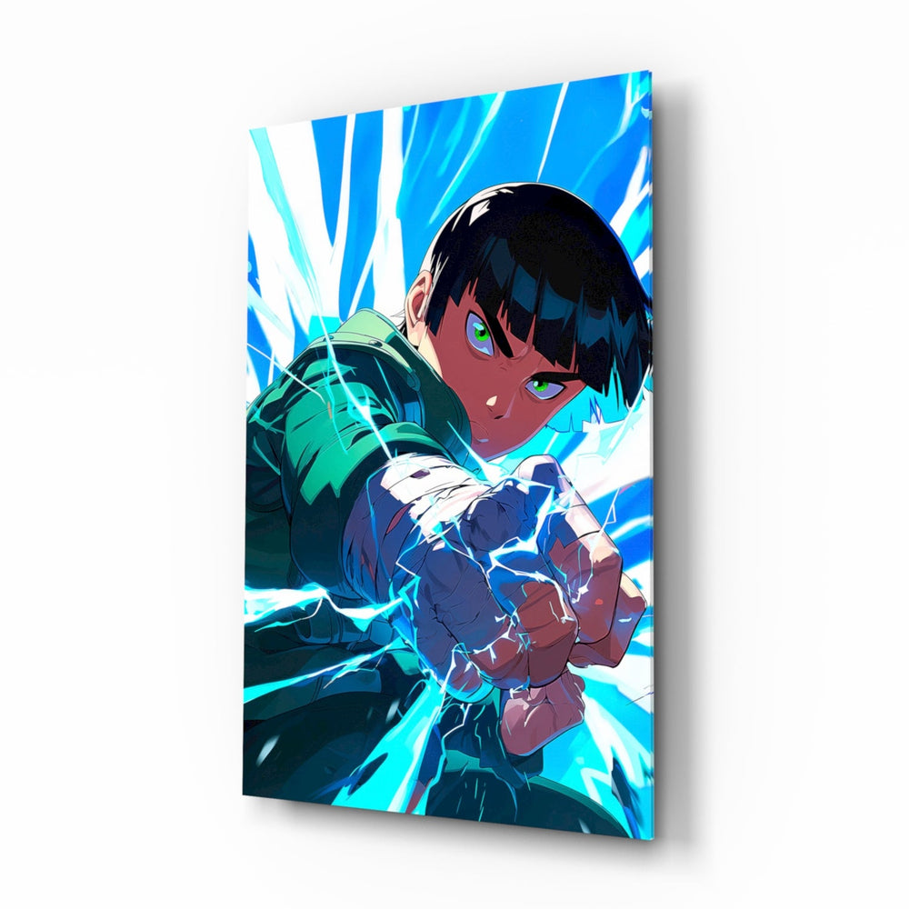Rock Lee Fist Power anime glass wall art in a modern teen's bedroom