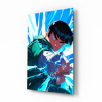 Rock Lee Fist Power anime glass wall art in a modern teen's bedroom