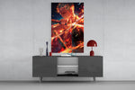Zoro in Flames glass wall art catching light to reveal its painted blade