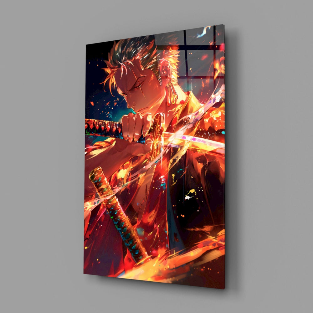 Designer-collection anime panel anchoring a gaming room wall