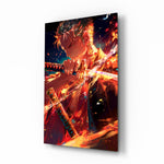 Zoro in Flames anime glass wall art in a modern teen's bedroom