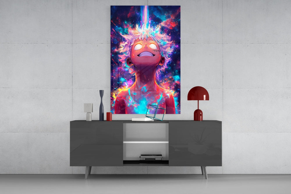 Cosmic Luffy glass wall art catching light to reveal its painted streaks