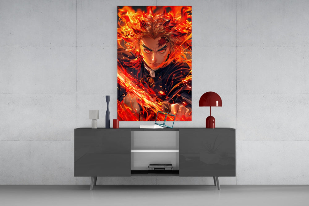 Flame Hashira glass wall art catching light to reveal its painted fire