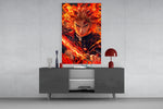Flame Hashira glass wall art catching light to reveal its painted fire