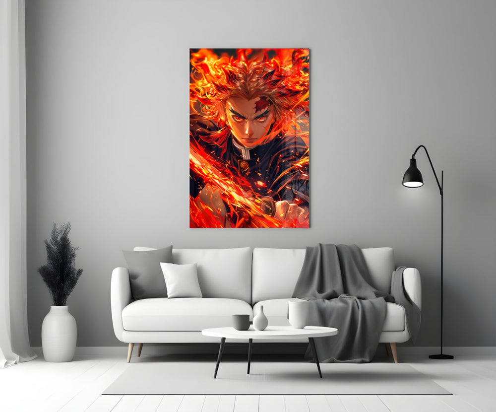 Close-up detail of Rengoku in flame mane behind glass