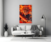 Close-up detail of Rengoku in flame mane behind glass