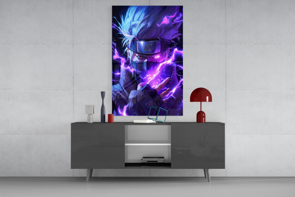 Lightning Kakashi glass wall art catching light to reveal its painted bolts