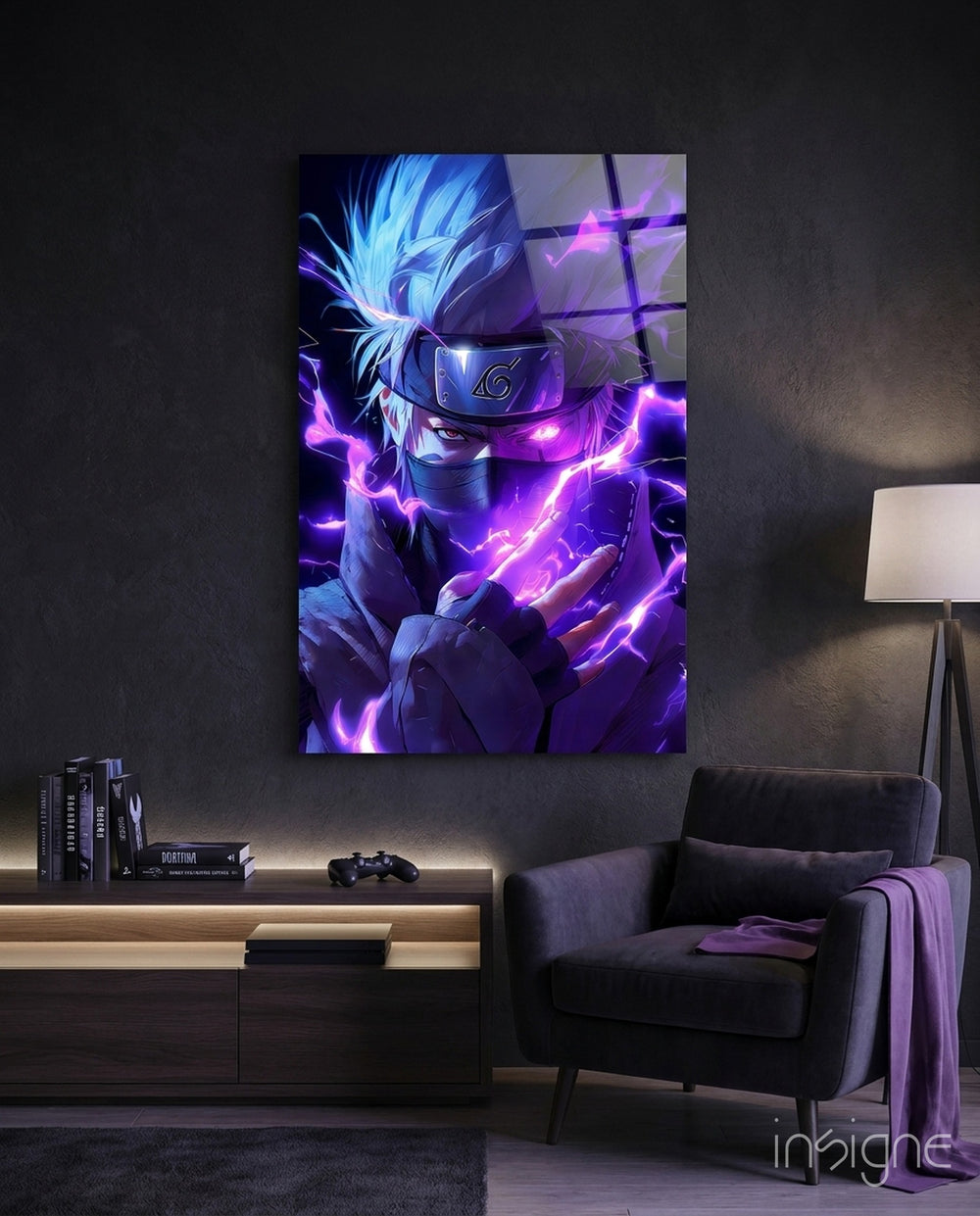 Lightning Kakashi Hatake Glass Wall Art || Designer Collection - Lifestyle preview in a designer interior