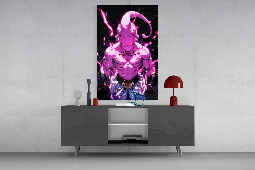 Kid Buu glass wall art catching light to reveal its painted bolts