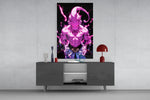 Kid Buu glass wall art catching light to reveal its painted bolts
