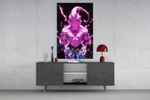 Kid Buu glass wall art catching light to reveal its painted bolts