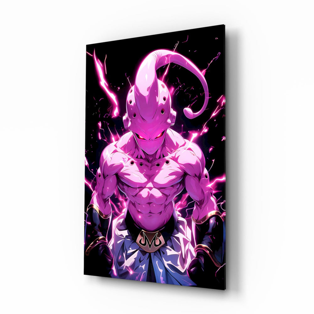 Pure Evil Kid Buu anime glass wall art in a modern teen's bedroom
