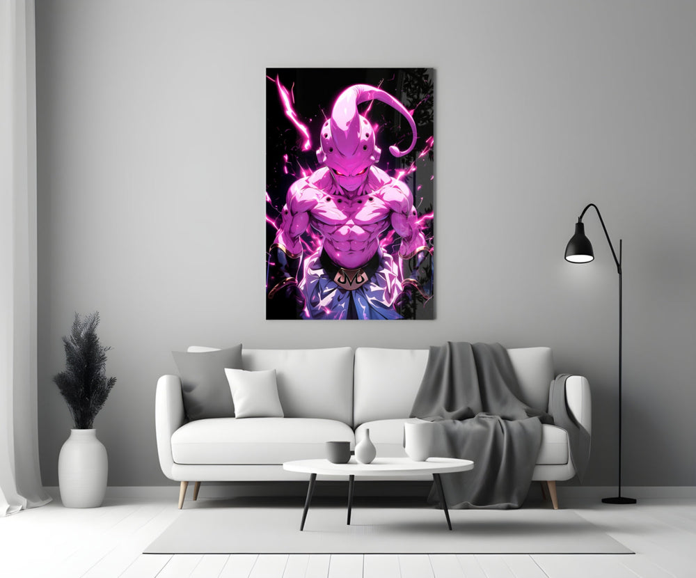 Close-up detail of Kid Buu in pink lightning behind glass
