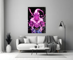 Close-up detail of Kid Buu in pink lightning behind glass