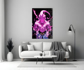 Close-up detail of Kid Buu in pink lightning behind glass