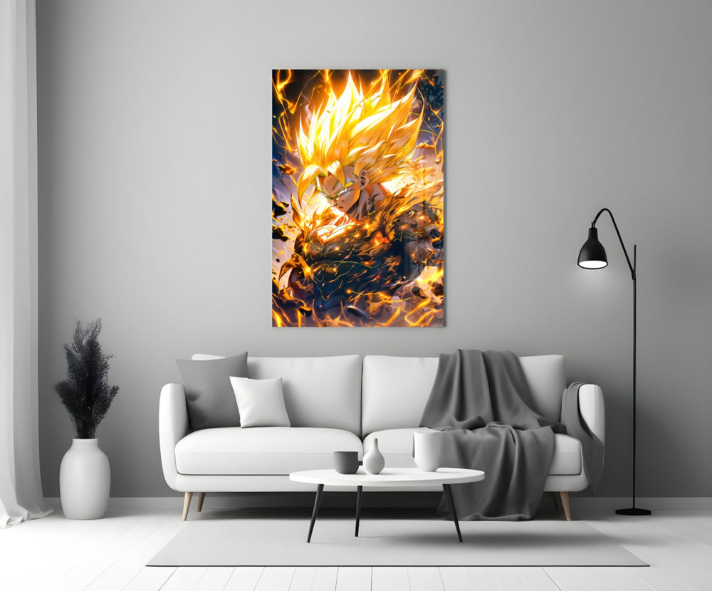 Close-up detail of Gohan in golden chakra behind glass