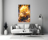 Close-up detail of Gohan in golden chakra behind glass