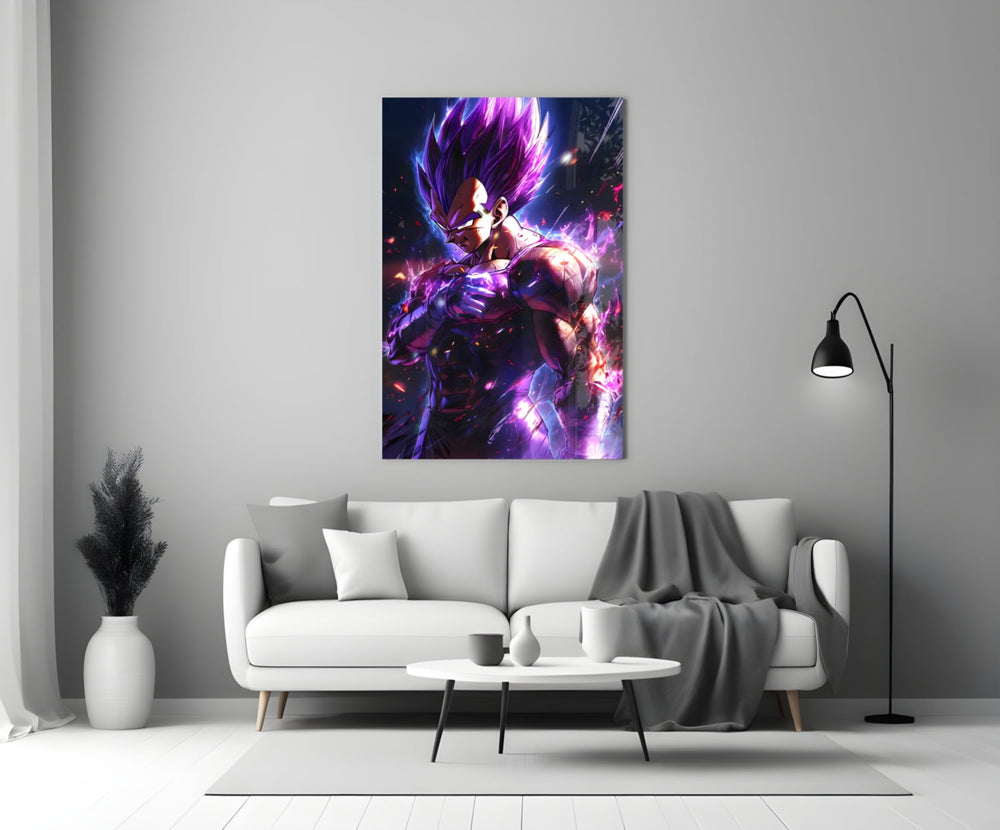 Close-up detail of Vegeta in violet chakra behind glass