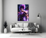 Close-up detail of Vegeta in violet chakra behind glass