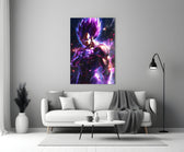 Close-up detail of Vegeta in violet chakra behind glass