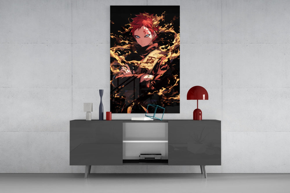 Sand King Gaara glass wall art catching light to reveal its painted sand