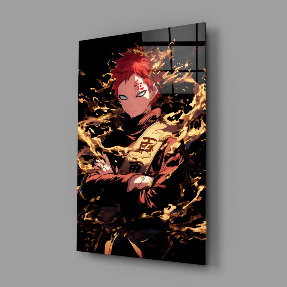Designer-collection anime panel anchoring a gaming room wall