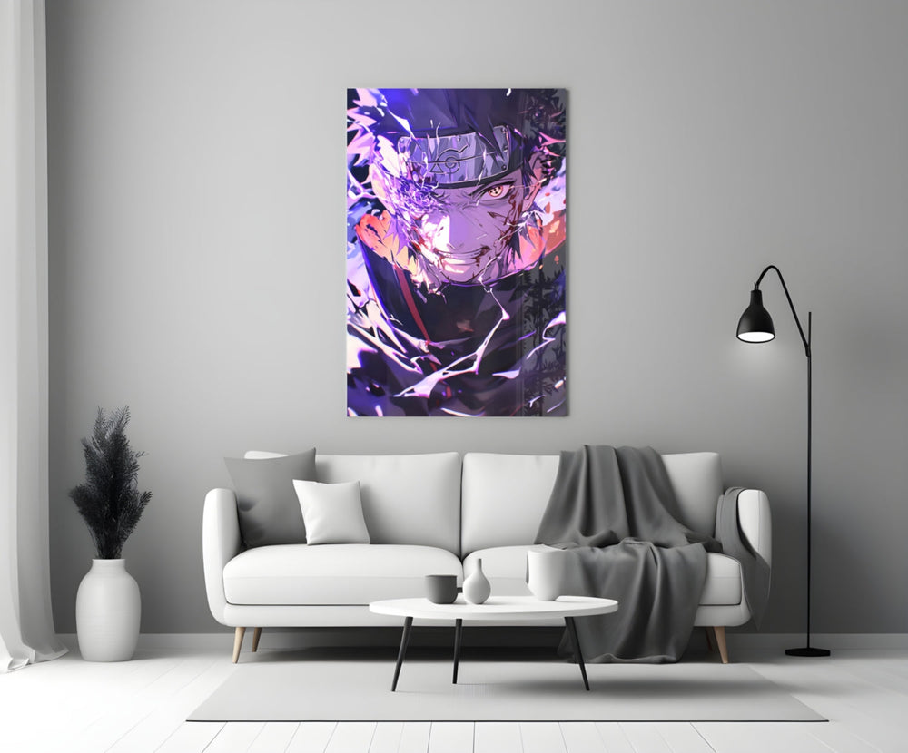 Close-up detail of Itachi shattering into violet shards behind glass