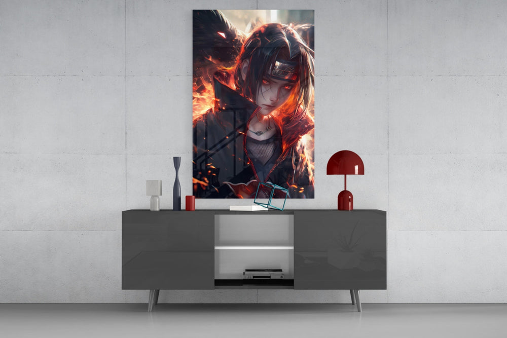 Itachi Susanoo glass wall art catching light to reveal its painted embers